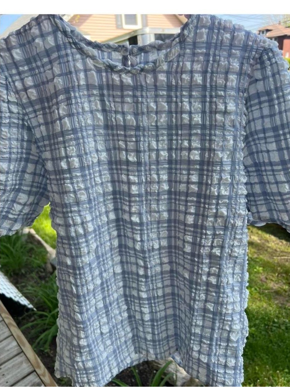 DAZY - Plaid crinkle top / ruffle top - puff sleeve smocked blouse - small